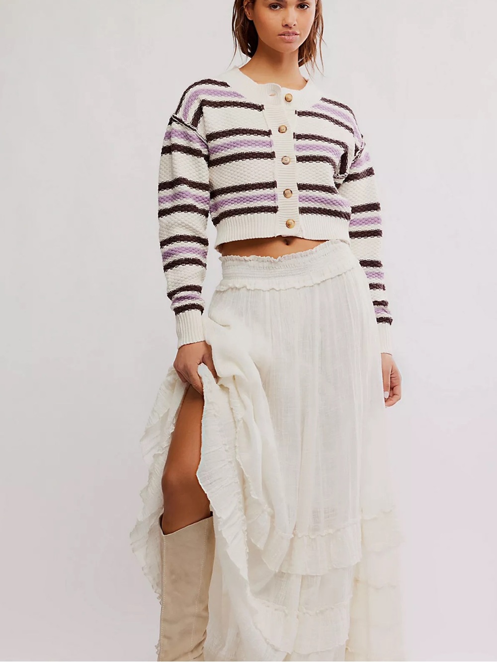 Free People Lila Stripe Cropped Knit Cardigan Cream Purple Size Small